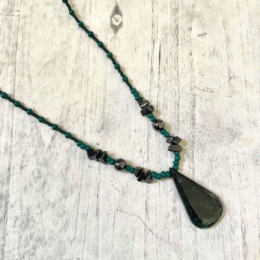 Green Jasper hematite pendant necklace